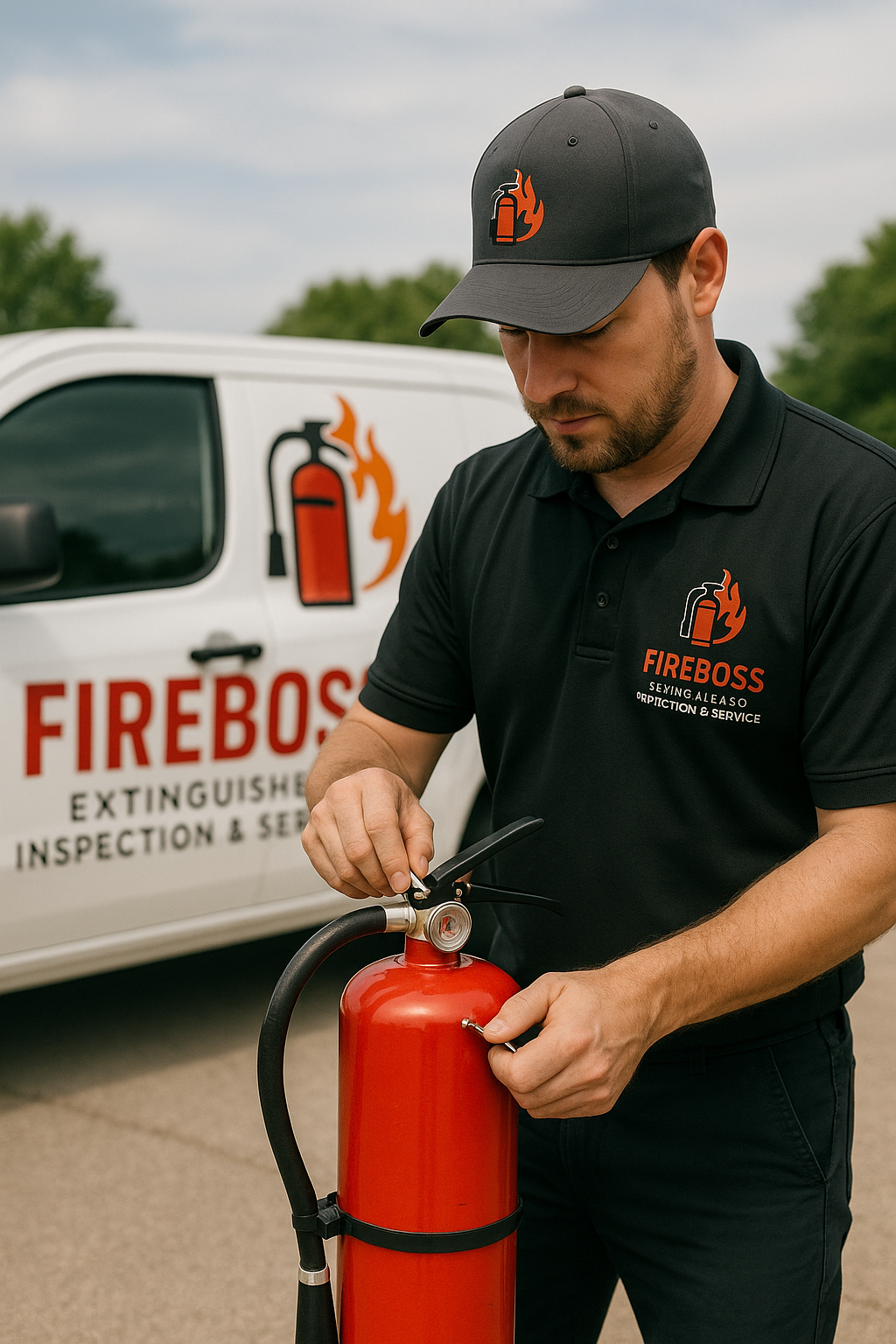 FireBoss technician inspecting fire extinguisher